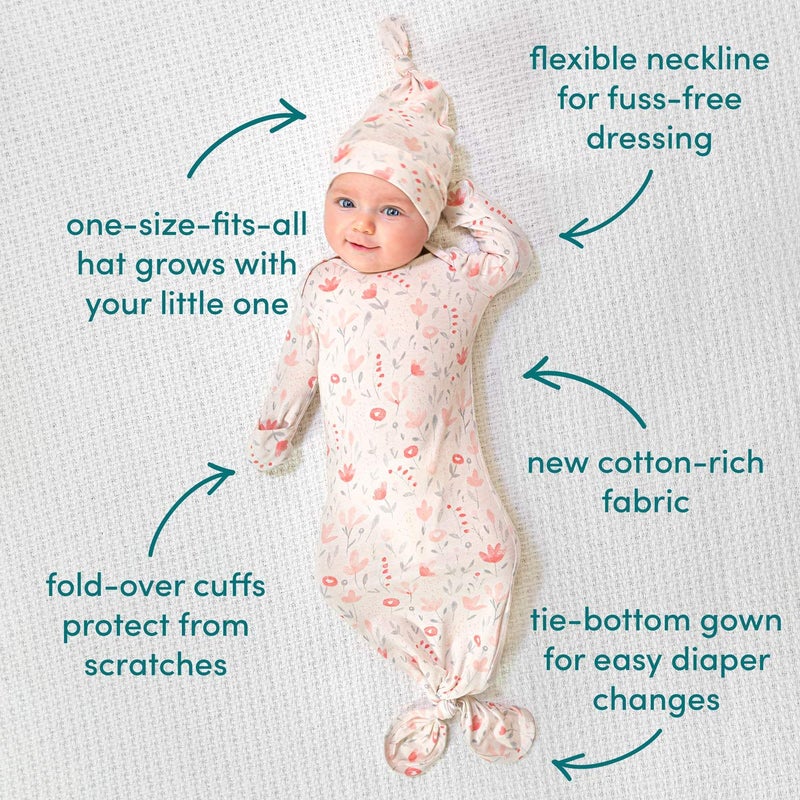 aden + anais Comfort Knit Knotted Newborn Baby Gown and Hat, Super Soft Cotton with Spandex, Infant Gown with Fold Over Mitten Cuffs, 2 Piece Set, 0-3 Months, Blue Moon - Image 3